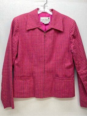 Stanley Blacker Pink/Fuchsia Plaid Zip-Front Blazer Size 10 Lined Shoulder Pads